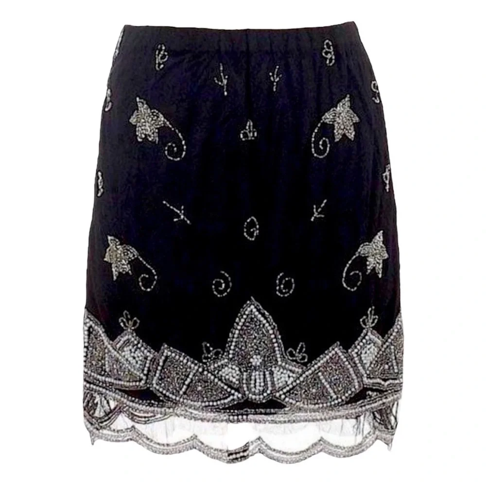Mieeion Black Hand Beaded Intricate Boho Floral Mini Skirt Size S NWT